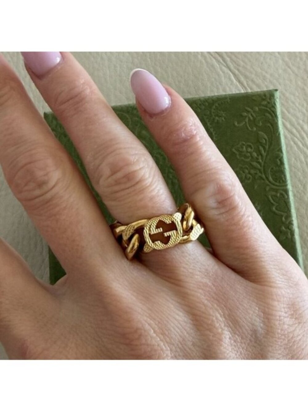 NEW GUCCI Metal Interlocking Interlocking Gourmette Chain Ring Sz S 52 6 Gold - Picture 7 of 8